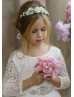 Long Sleeve Ivory Lace Tulle V Back Flower Girl Dress